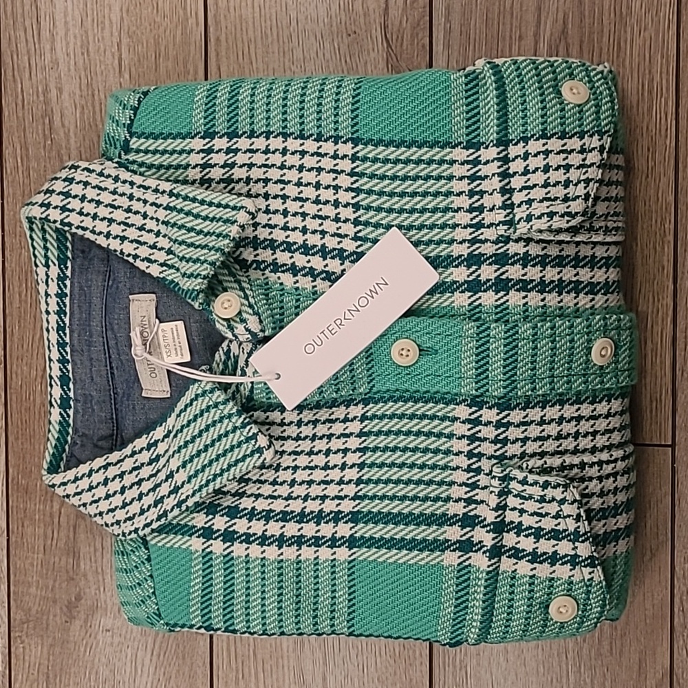 OUTERKNOWN Thick Blanket Green White Plaid Cotton XS Womens Button Up Shirt NEW